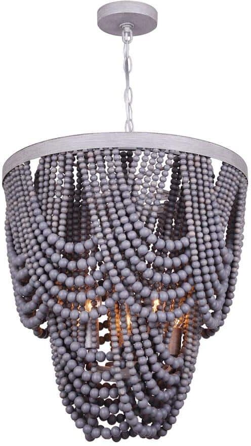 CANARM Leora 5-Light Brushed Grey Chandelier with Grey Real Wood Beads