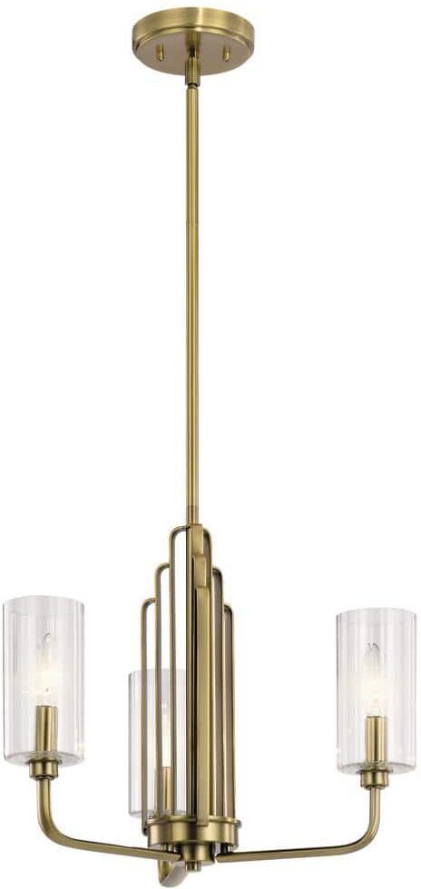 KICHLER Kimrose 18 in. 3-Lights Brushed Natural Brass Art Deco Candlestick Cylinder Chandelier for Dining Room