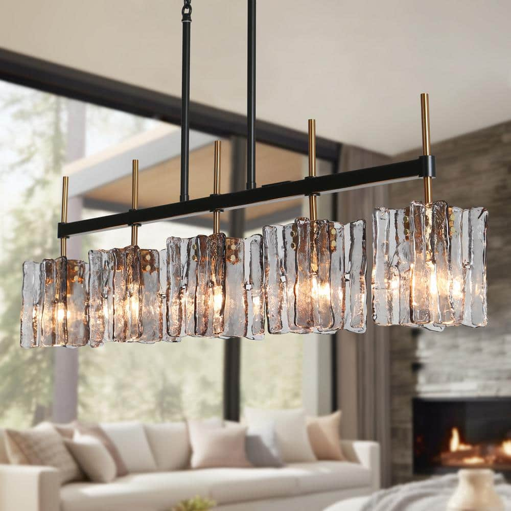 LNC Echonalyri Modern 5-Light Glam 35.4 in. W Black and Brass Island Chandelier with Geometric Gray Textured Glass Shades