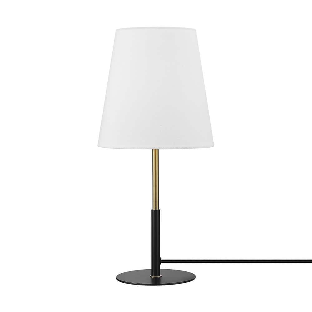Globe Electric 15 in. Ceramic Table Lamp, Matte Black, Wood Toned Base, White Linen Shade, On/Off Rotary Switch on Socket, Living Room