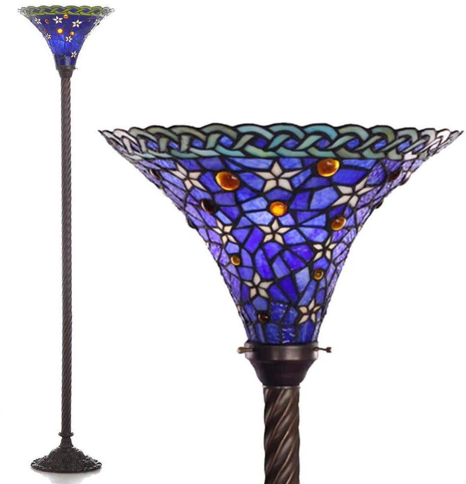 Warehouse of Tiffany 72 in. Antique Bronze Blue Star Stained Glass Floor Lamp with Foot Switch