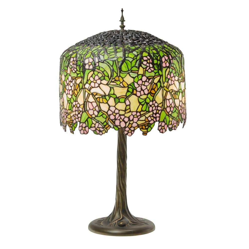 River of Goods Cecilia 31.75 in. Antique Bronze Tiffany-Style Cherry Blossoms Stained Glass Table Lamp