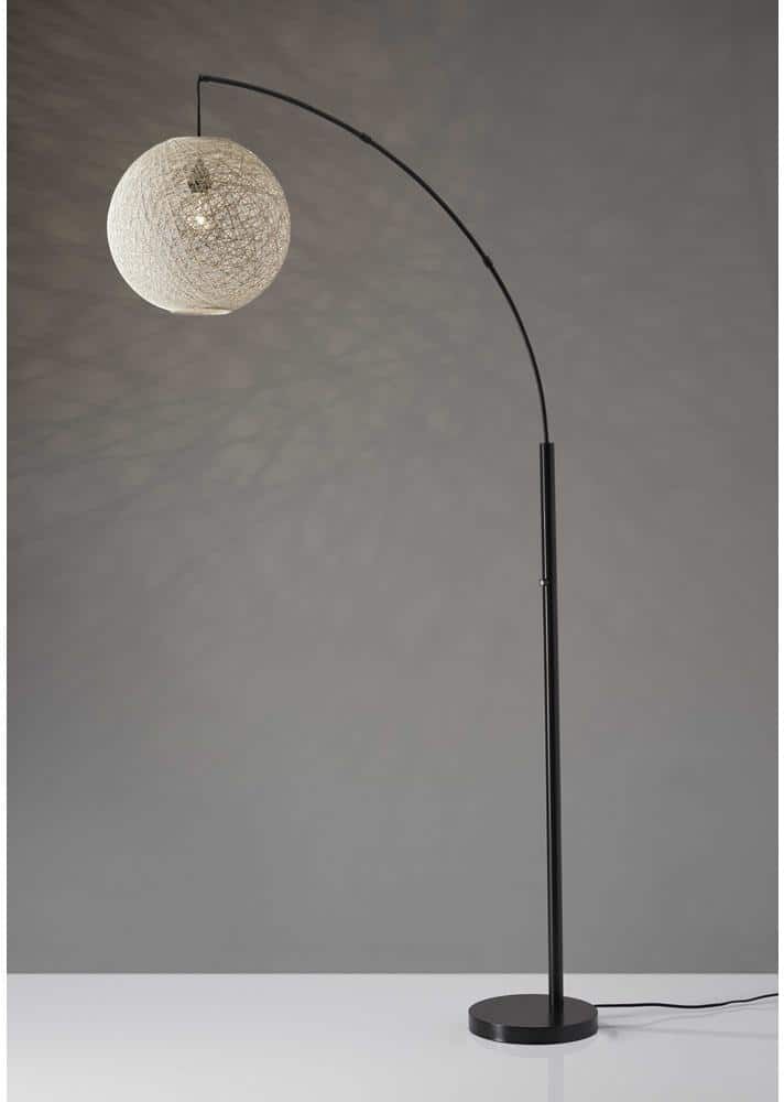 HomeRoots 76.5 in. Bronze Swing Arm Floor Lamp With Metal Arc And Groovy Rattan String Ball Shade