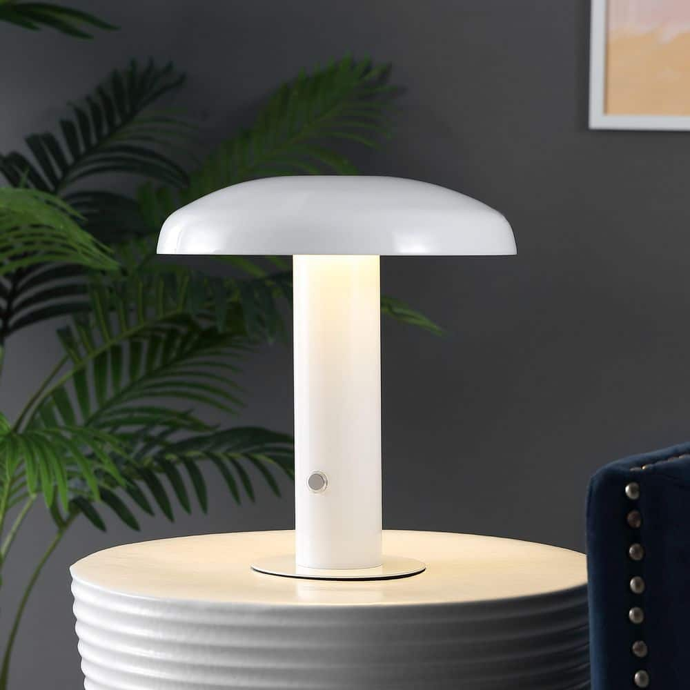 JONATHAN Y Suillius 11 in. Contemporary Bohemian Rechargeable/Cordless Iron Integrated LED Mushroom Table Lamp, White