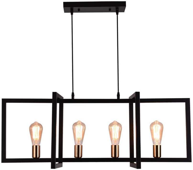 UMEILUCE 4-Light Vintage Farmhouse Black Metal Chandelier for Island Kitchen with Gold Lamp-Cup