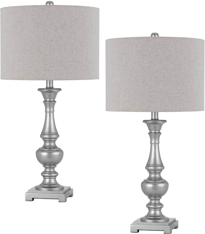 CAL Lighting Nampa 28 in. H Resin Antique Silver Resin Table Lamp Set with Coordinating Shades and Finials (Set of 2)