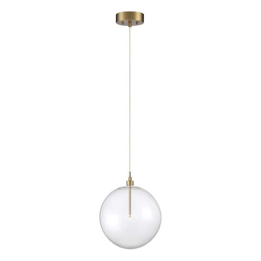 Savoy House 14 in. W x 14 in. H 1-Light Natural Brass Pendant Light with Clear Orb Glass Shade and Dimmable LED Light Bulb Included