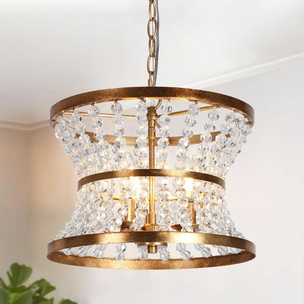 LNC Modern 3-Light Vintage Gold Drum Chandelier for Dining Room with Clear Glass Drops, Kitchen Island Hanging Pendant Light