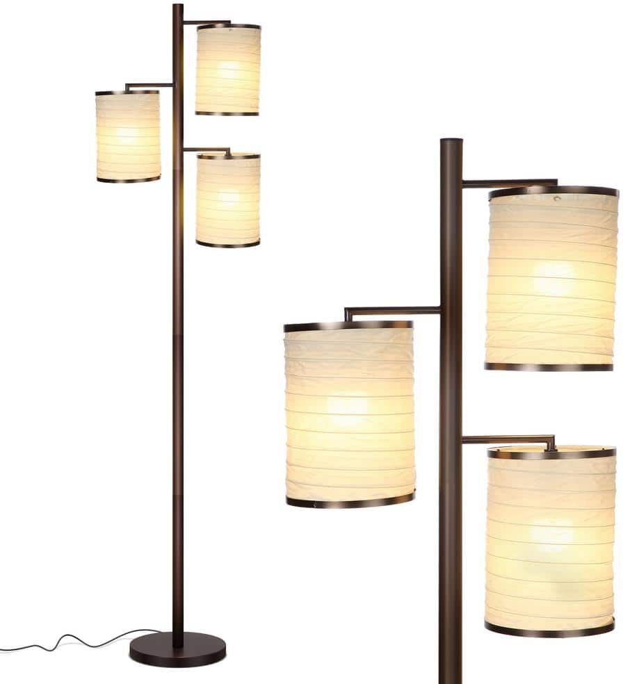 Brightech Liam 74 in. Oil Brushed Bronze Mid-Century Modern 3-Light LED Energy Efficient Floor Lamp with 3 Fabric Drum Shades