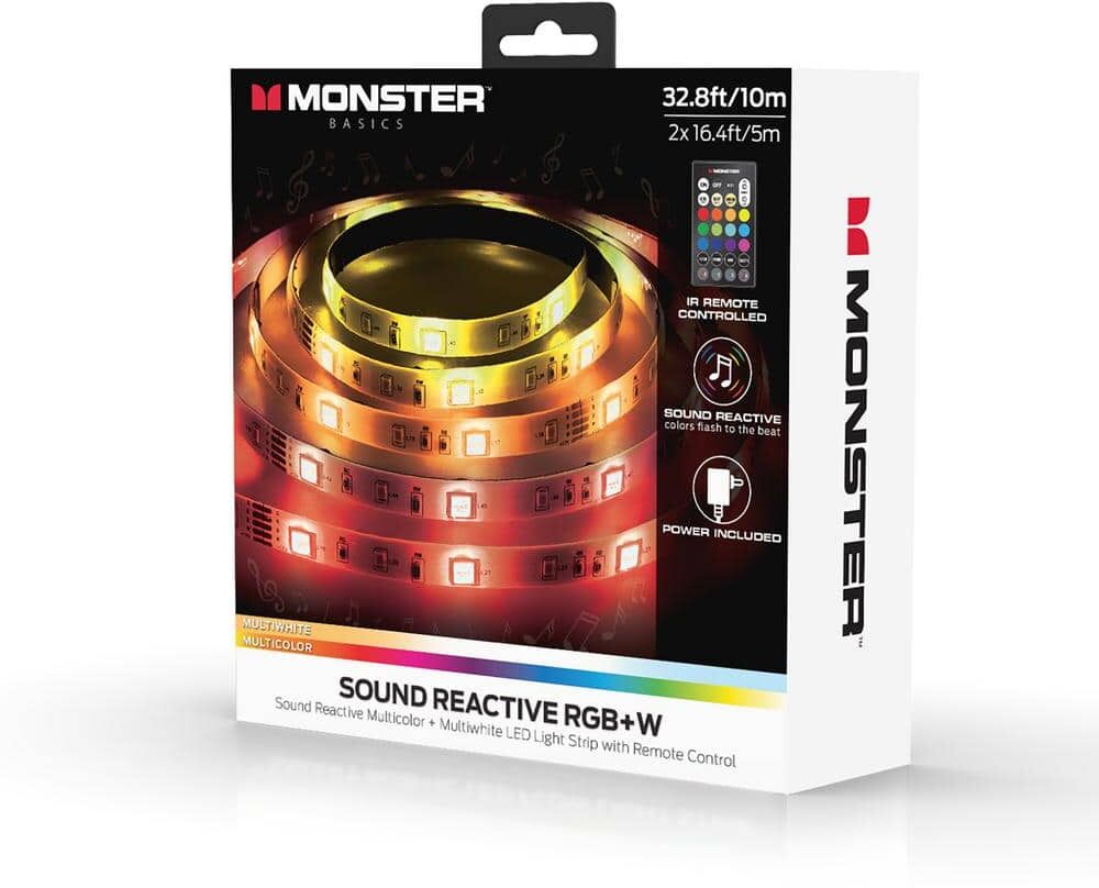 Monster Cable 32.8FT Sound-Reactive RGB LED Amplifier Light Strip, Customizable Multicolor Lighting, Remote Control