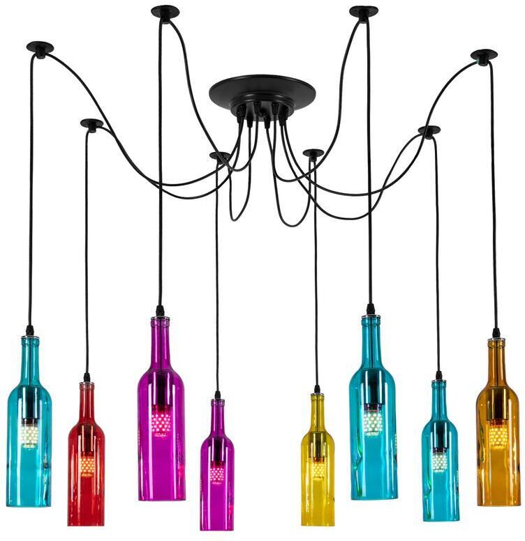 OUKANING 8-Light Black Vintage Creative Colored Glass Bottle Lampshade Pendant Light