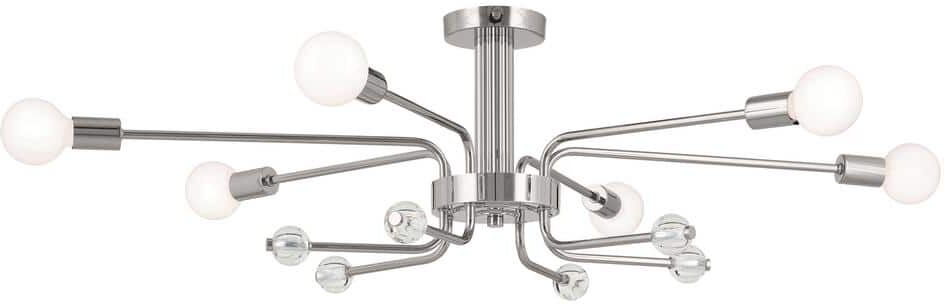 KICHLER Ocala 41.25 in. 6-Light Polished Nickel Living Room Art Deco Semi-Flush Mount Ceiling Light with Clear Crystal