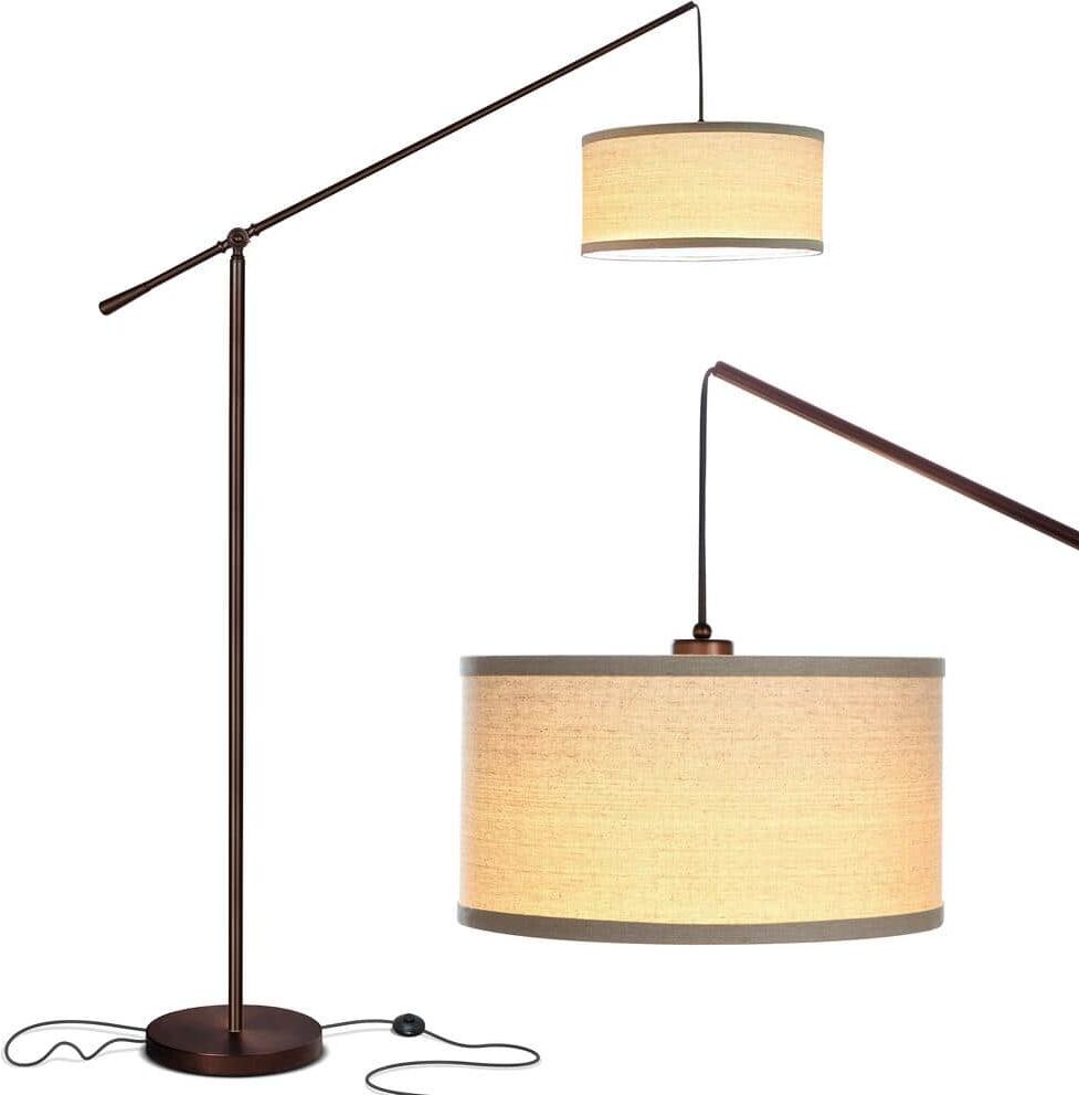 Brightech Hudson 2 70 in. Oil Brushed Bronze Modern 1-Light Height Adjustable LED Floor Lamp with Beige Fabric Drum Shade