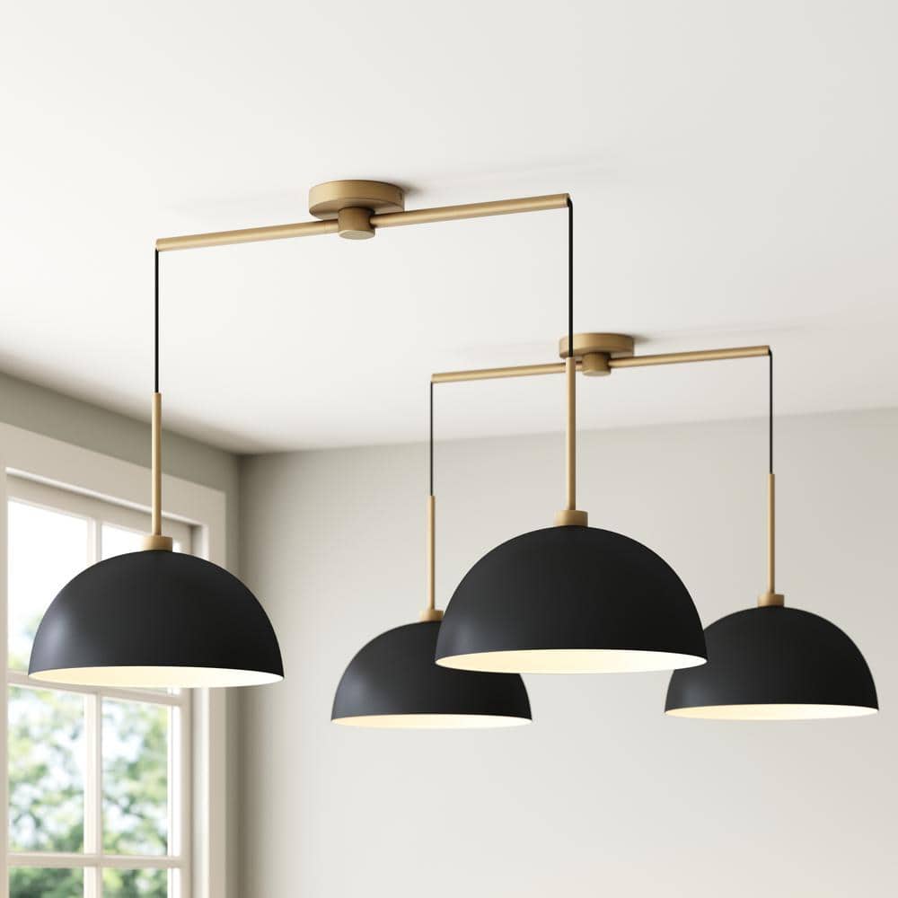 Nathan James Percy Modern 2-Light Pendant Island Light Fixture with Metal Shade and Adjustable Cord, Black/Vintage Brass, (Set of 2)