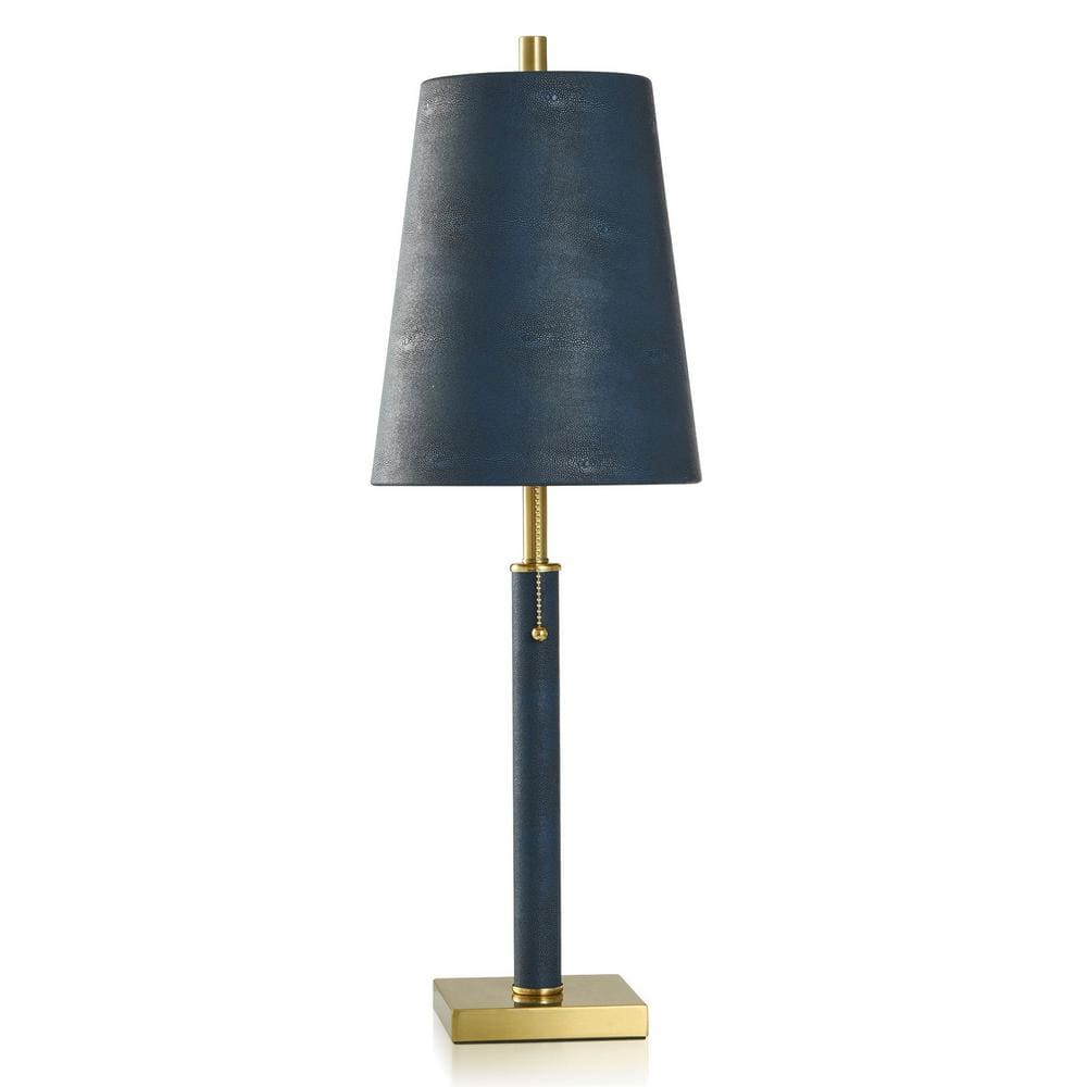StyleCraft Shagreen 29.5 in. Gold Candlestick Task and Reading Table Lamp for Living Room with Blue Faux Leather Shade