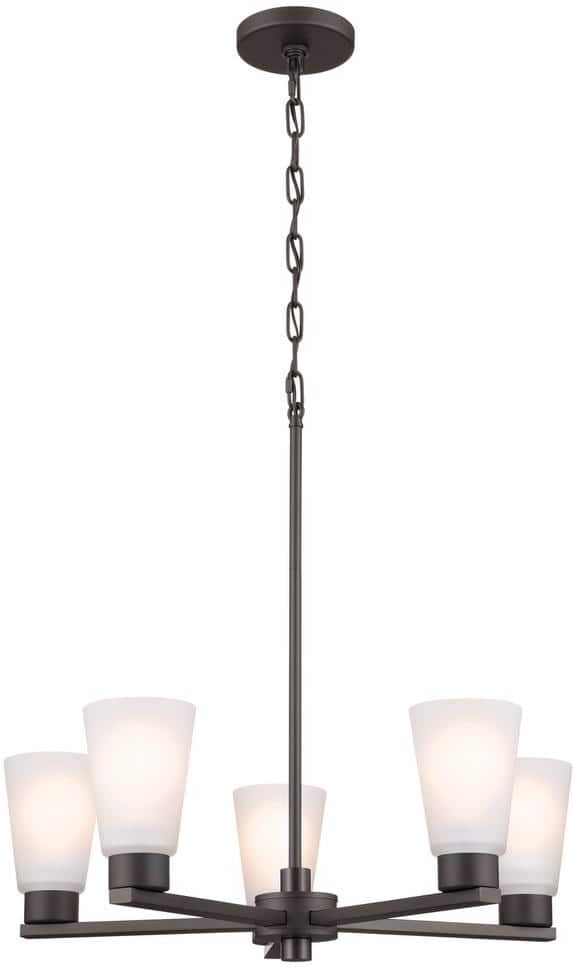 KICHLER Stamos 24 in. 5-Light Olde Bronze Modern Shaded Circle Dining Room Chandelier with Satin Etched Glass Shades