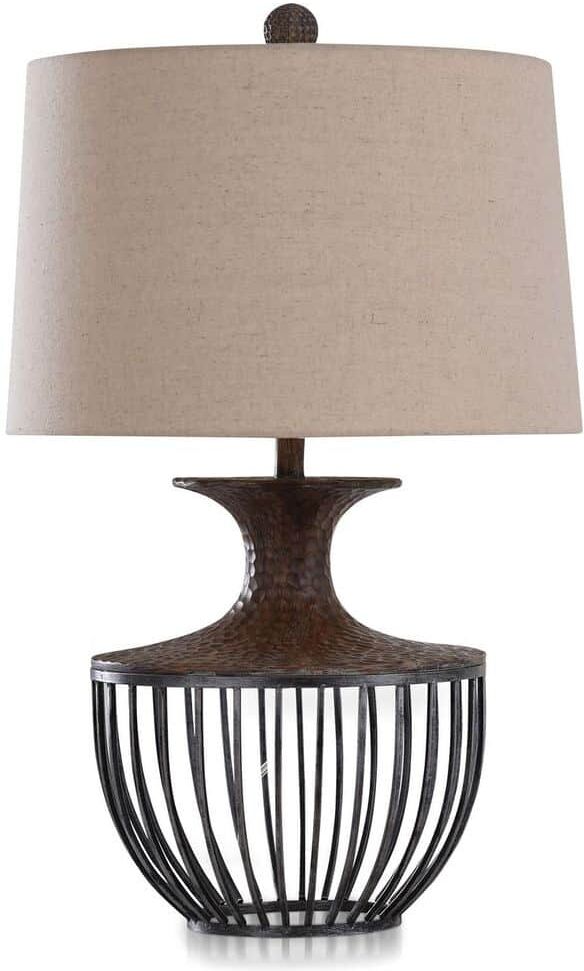 StyleCraft 30 in. Pewter, Dark Amber Metal, Poly, Fabric Table Lamp with Tan Linen Shade