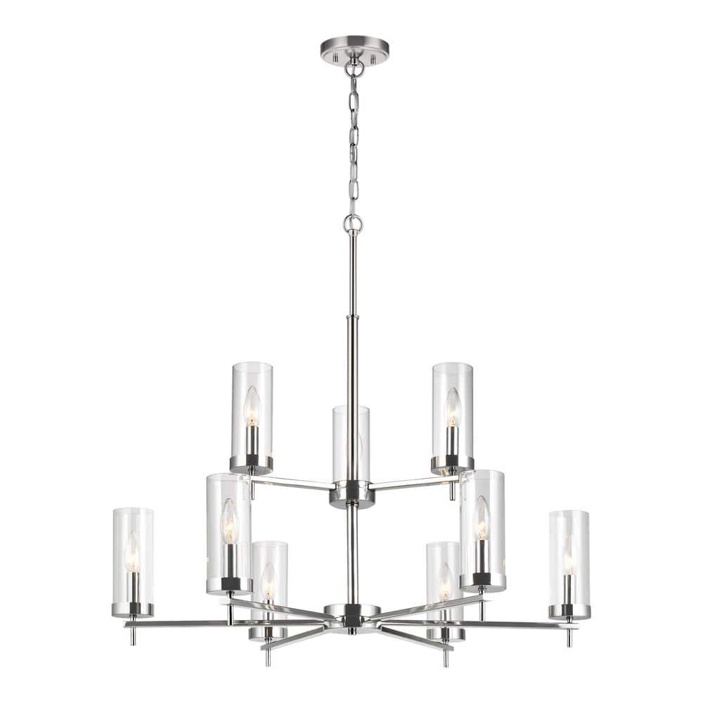 Generation Lighting Zire 9-Light Chrome Modern Minimalist Dining Room Hanging Candlestick Chandelier with Clear Glass Shades