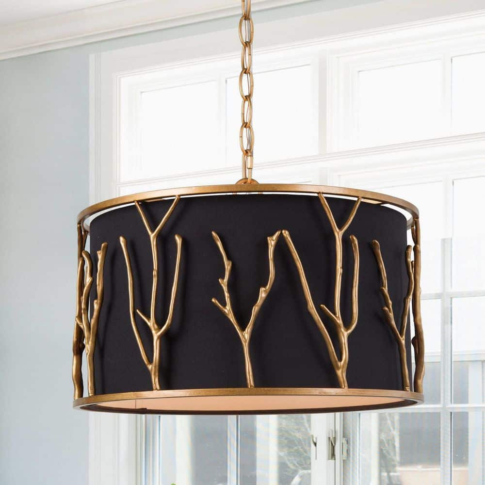 LNC Brushed Vintage Gold Drum Chandelier with Black Fabric Shade 4-Light Classic Dining Room Branch Hanging Ceiling Light