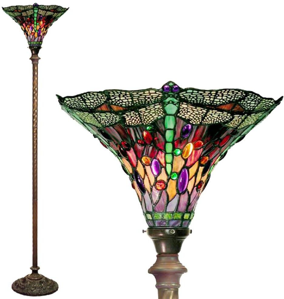 Warehouse of Tiffany 72 in. Antique Bronze Dragonfly Stained Glass Floor Lamp with Foot Switch