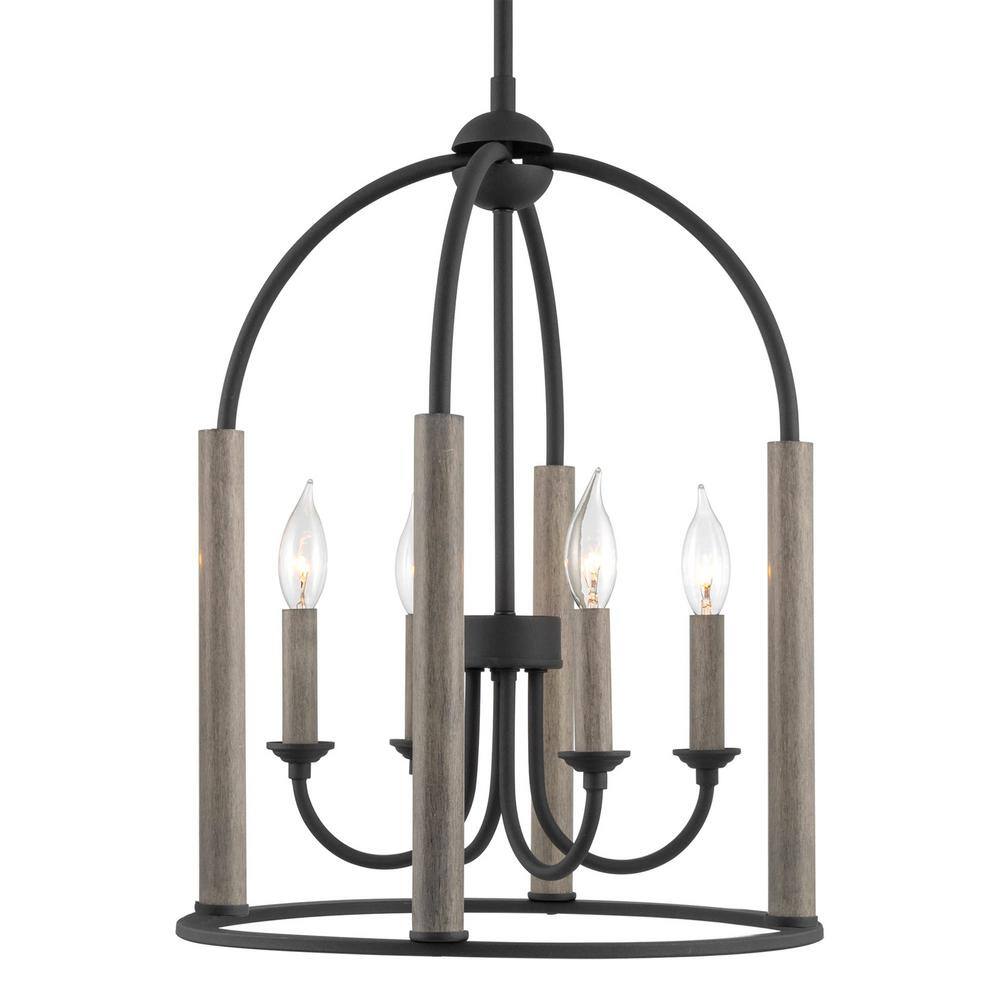 Kira Home Ballard 21 in. 60-Watt 4-Light Sandblasted Black with Gray Oak Wood Style Open Cage Pendant Light