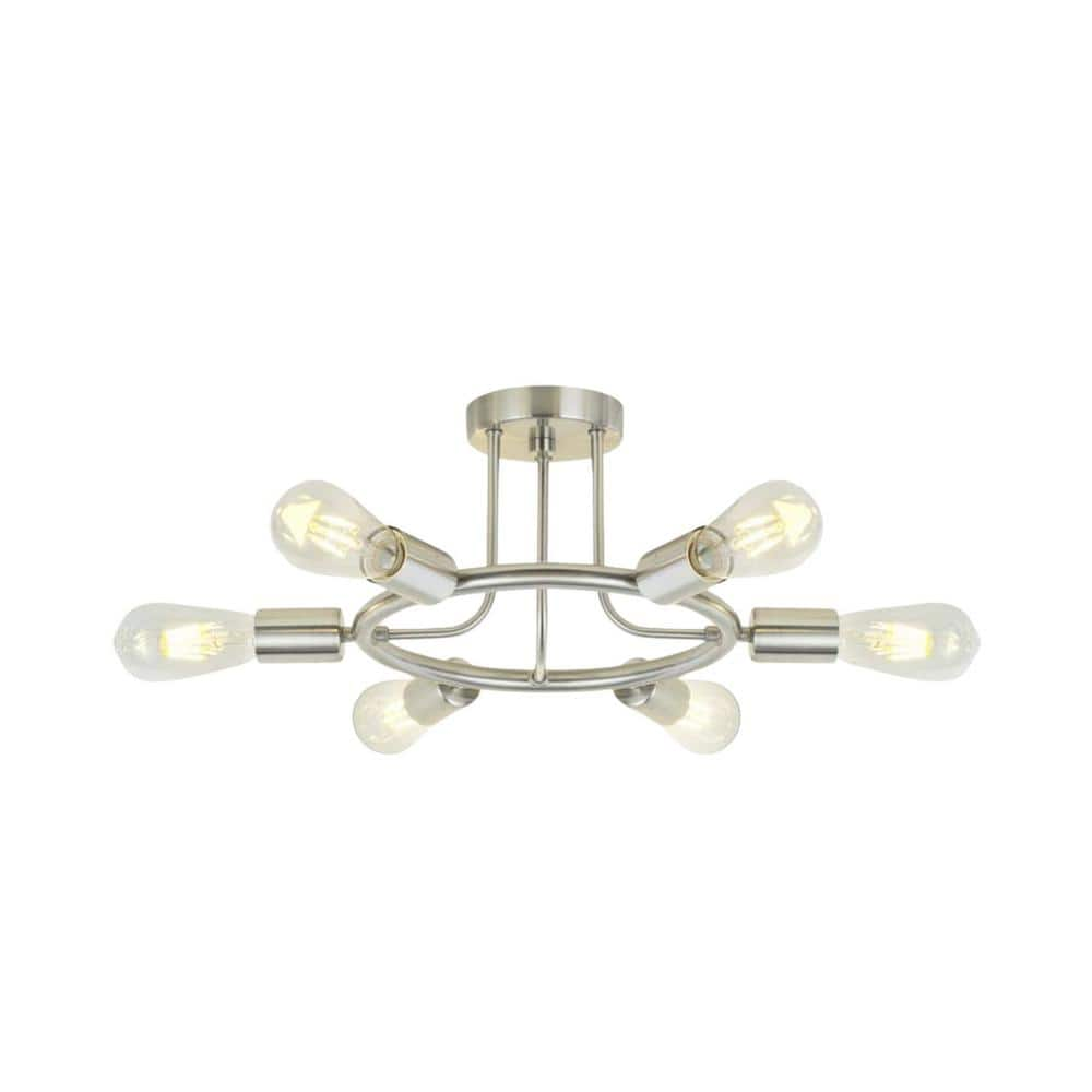 Sunpez 26 in. W 6-Light Brushed Nickel Chandelier Sputnik Ceiling Light Fixture Semi-Flush Mount Kitchen Island, E26, No Bulbs