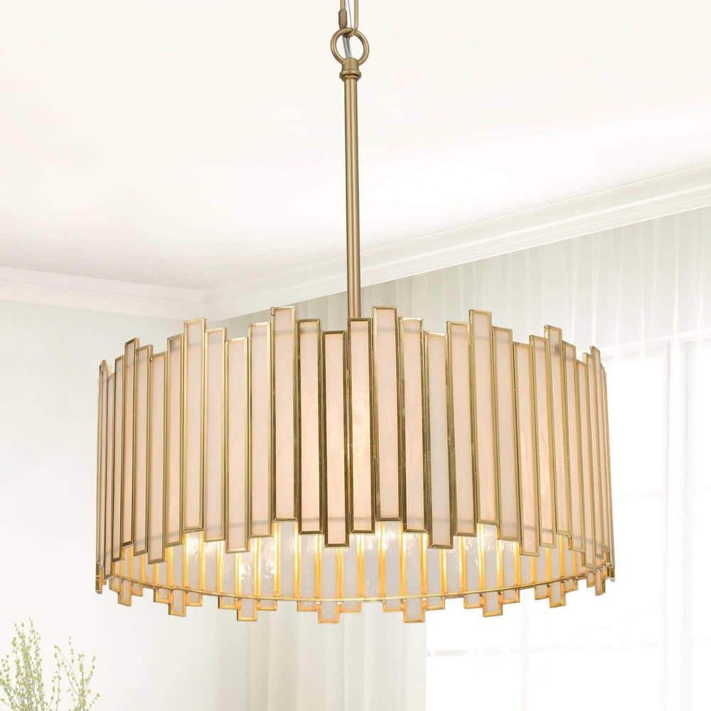 LNC 4-Light Copper Modern Drum Island Chandelier with White Stained Glass Shade Vintage Gold Accents