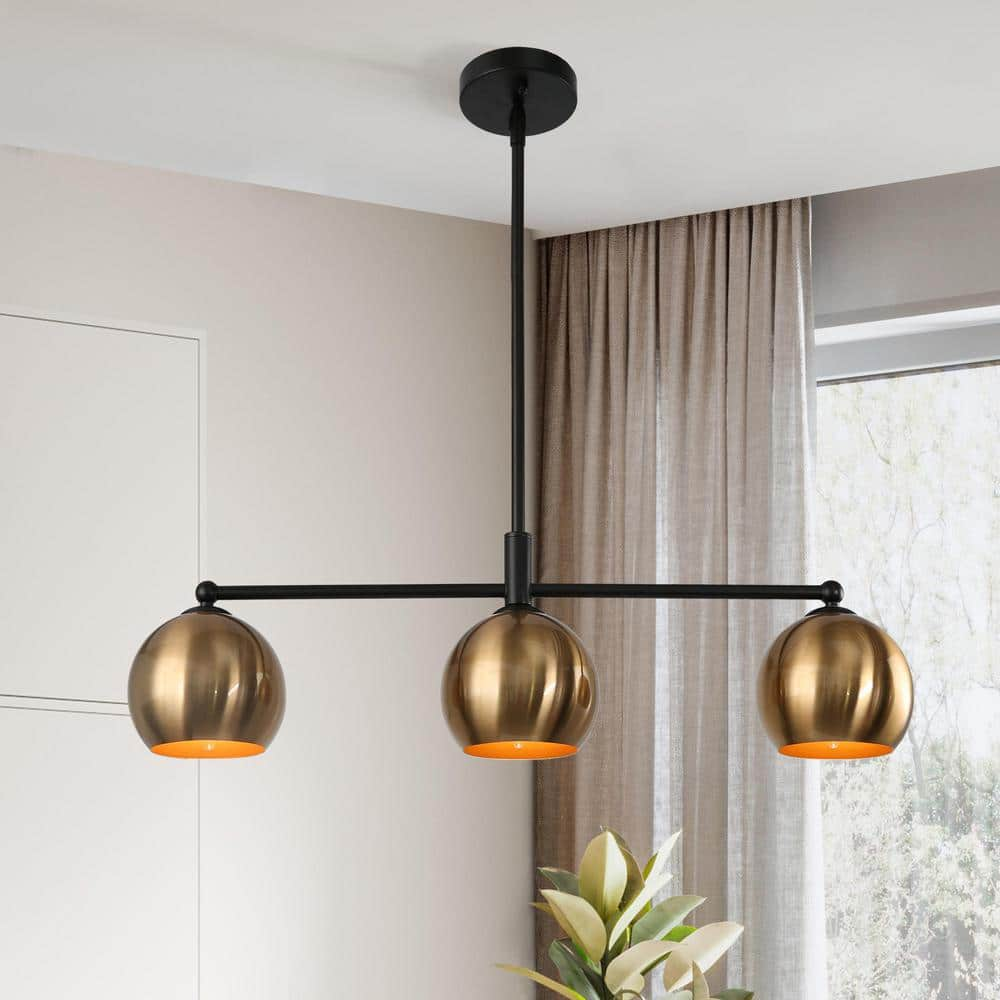 Zevni 26.5 in. 3-Light Modern Brass Island Chandelier, Industrial Black Linear Chandelier, Metal Globe LED Pendant Light