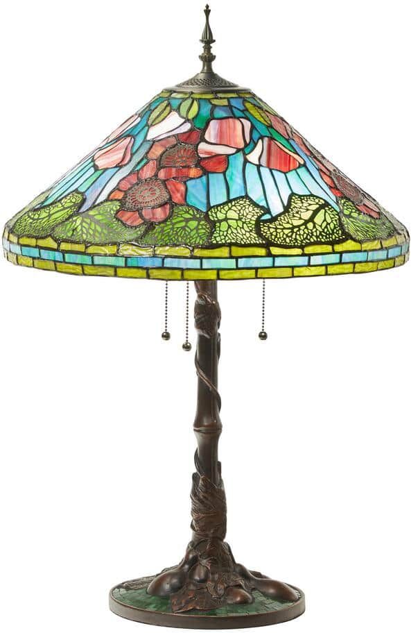 River of Goods Ava 29 .5 in. Antique Bronze Multi-Colored Poppies Tiffany-Style Stained Glass Table Lamp