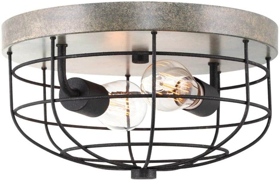 Kira Home Duncan 13 in. 60-Watt 2-Light Textured Black Industrial Flush Mount