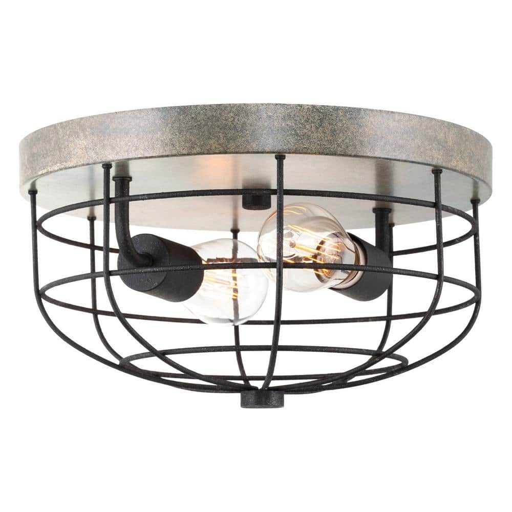 Kira Home Duncan 13 in. 60-Watt 2-Light Textured Black Industrial Flush Mount