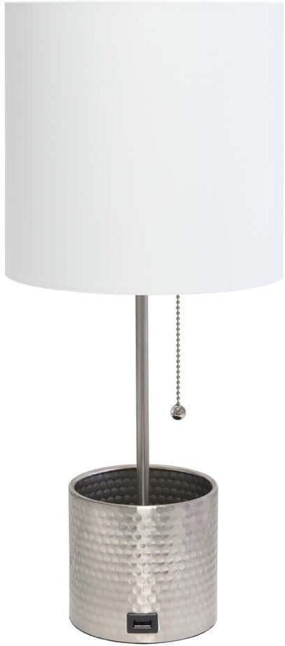 Simple Designs 18.5 in. Brushed Nickel Hammered Metal Organizer Table Lamp with USB Charging Port and Fabric Shade