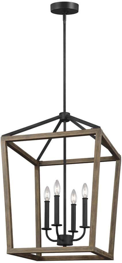 Generation Lighting Gannet 4-Light Weathered Oak Wood and Antique Forged Iron Rustic Farmhouse Dining Room Hanging Candlestick Chandelier