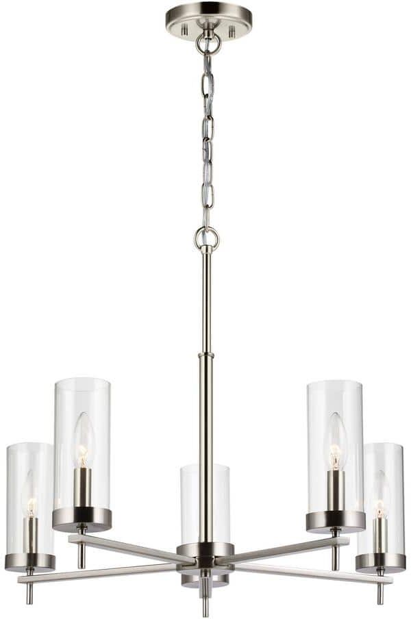 Generation Lighting Zire 5-Light Brushed Nickel Modern Minimalist Dining Room Hanging Candlestick Chandelier with Clear Glass Shades