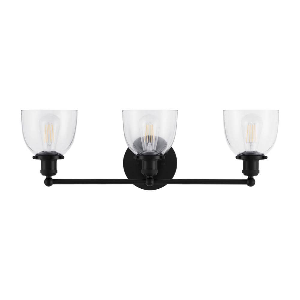 Home Decorators Collection Evelyn 26.75 in. 3-Light Matte Black Industrial Vanity with Clear Glass Shades