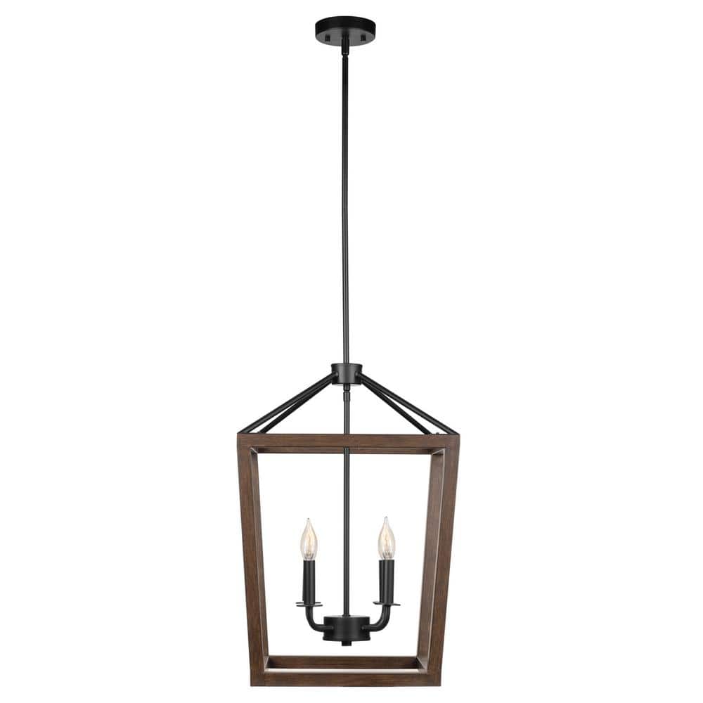 Globe Electric 4-Light Matte Black Pendant with Faux Wood Accent, Vintage Incandescent Bulbs Included