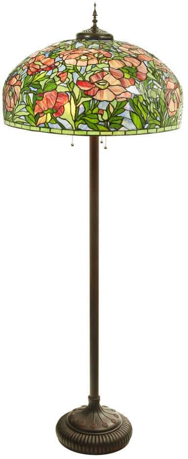 River of Goods Wilma 69 in. Antique Bronze, Pink and Green Poppy Tiffany-Style Stained Glass Floor Lamp