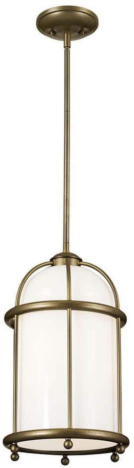 KICHLER Topiary 1-Light Character Bronze Vintage Cage Kitchen Pendant Hanging Light with Opal Glass Shade