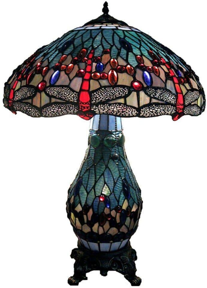 Warehouse of Tiffany Dragonfly 26 in. Antique Brass Table Lamp with Stained Glass