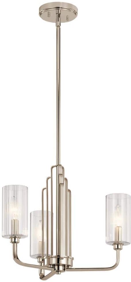 KICHLER Kimrose 18 in. 3-Light Polished Nickel with Satin Nickel Art Deco Candlestick Cylinder Chandelier for Dining Room