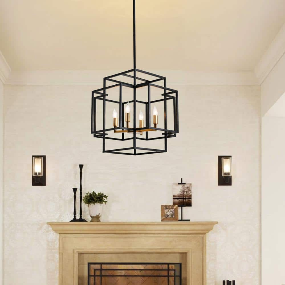 Magic Home 4-Light Industrial Chandelier Dining Room Lighting Fixture Foyer Cage Kitchen Island Ceiling Lamp, Black and Gold