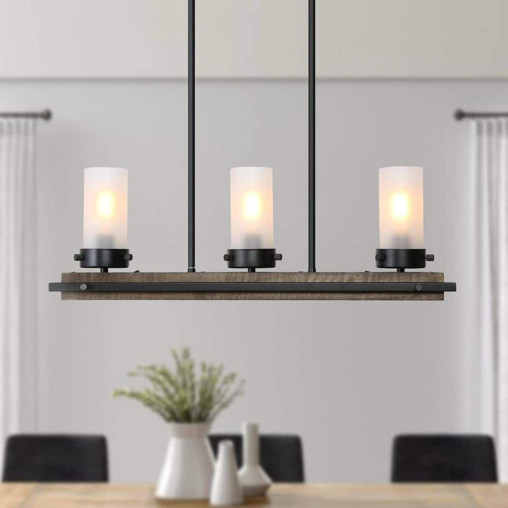 LNC Farmhouse 3-Light Black Island Wood Chandelier with Cylinder White Frosted Glass Shades Rustic Hanging Lamp for Kitchen