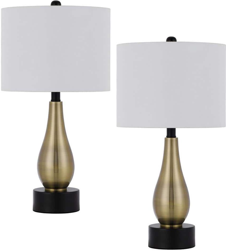 CAL Lighting 23.5 in. Antique Brass Metal Table Lamp Set with White Shade and Black Base (Set of 2)