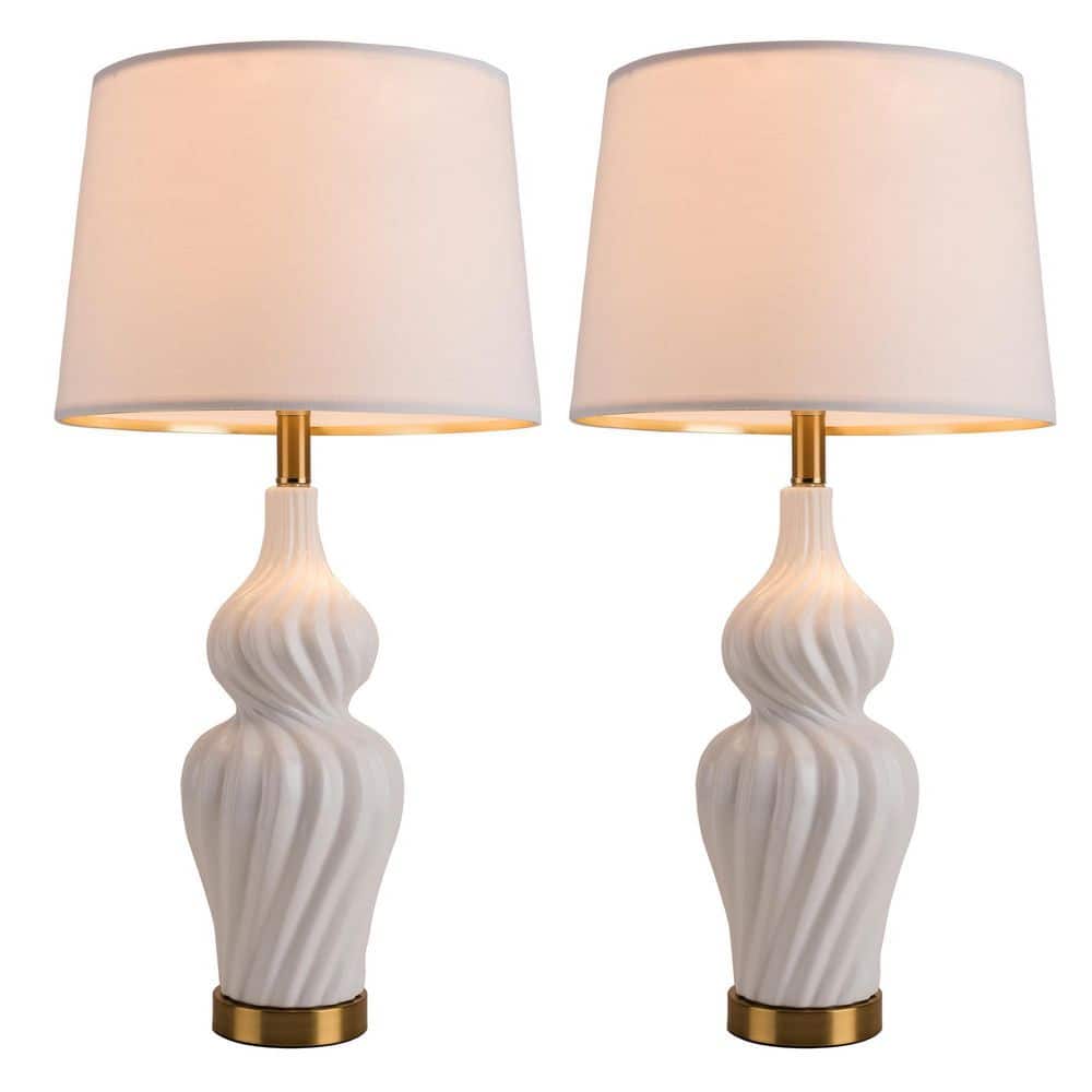 SIMPOL HOME28 in. White Indoor Ceramic Table Lamp (Set of 2) with Linen Shade for Bedroom Living Room Vintage Bedside