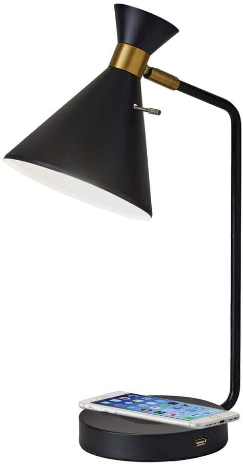 Adesso Maxine 19 in. Matte Black w. Antique Brass Accents Desk Lamp with Qi Wireless Charging