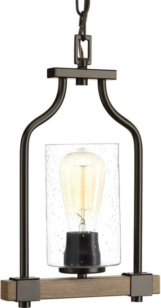 Progress Lighting Barnes Mill Collection 1-Light Antique Bronze Pendant with Seeded Glass Shade