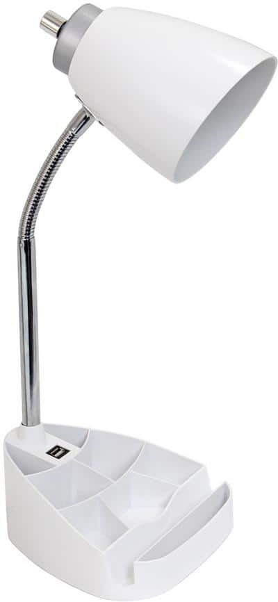 LimeLights 18.5 in. Gooseneck Organizer Desk Lamp with iPad Tablet Stand Book Holder and USB port, White