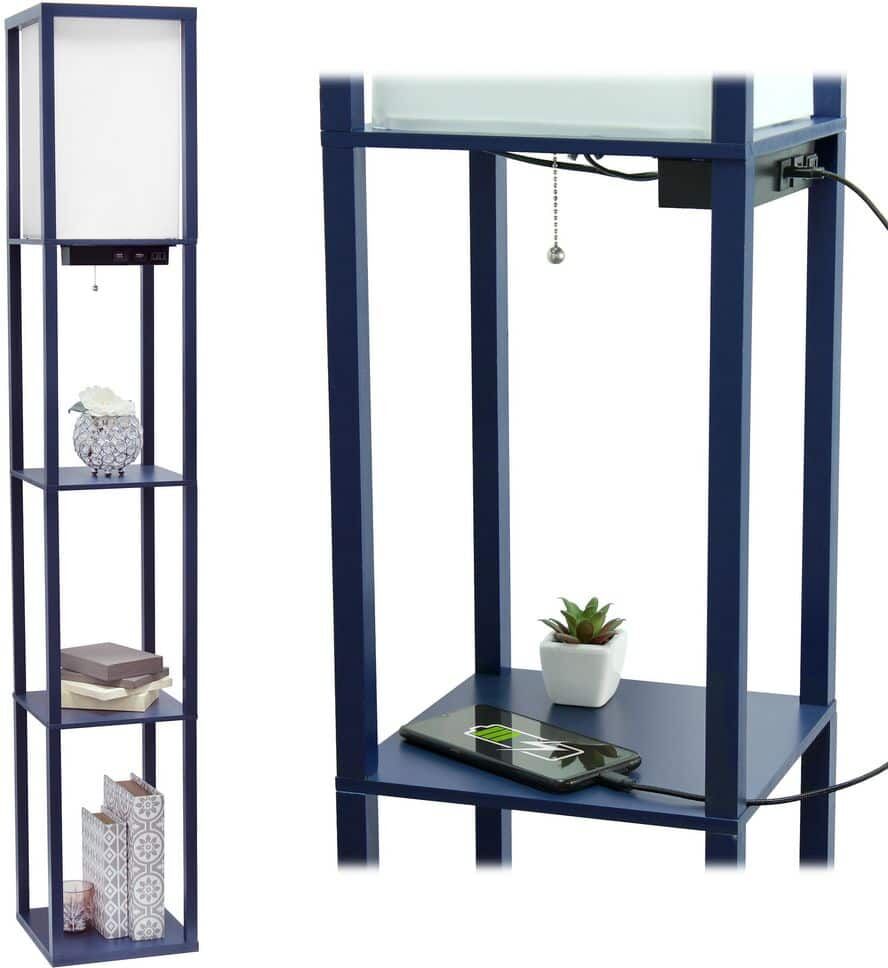 Simple Designs 62.5 in. Navy Floor Lamp Etagere Organizer Storage Shelf with 2 USB Charging Ports, 1 Charging Outlet and Linen Shade