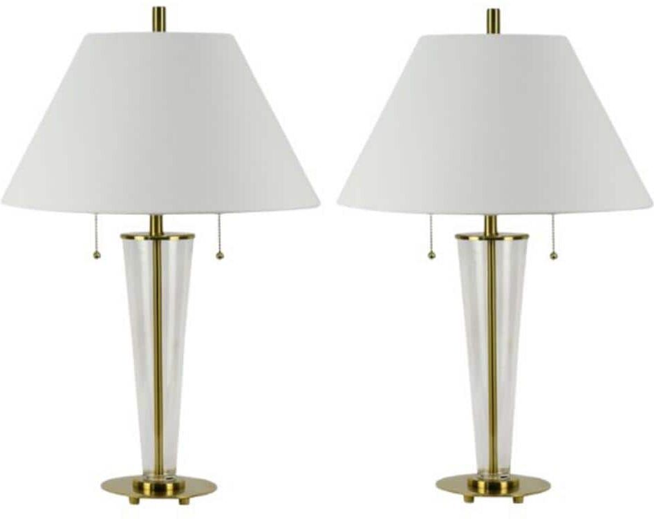 Fangio Lighting Pair of 26.25 in. Clear and Soft Gold Art Deco Crystal Column Table Lamp with a Designer White Empire Linen Shade