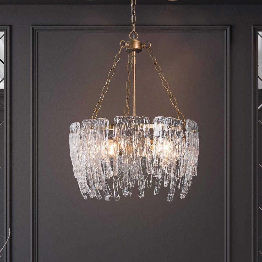 LNC Vintage Gold Crystal Drum Chandelier 4-Light Glam Island Pendant Light with Textured Glass Shade for Kitchen Dining Room